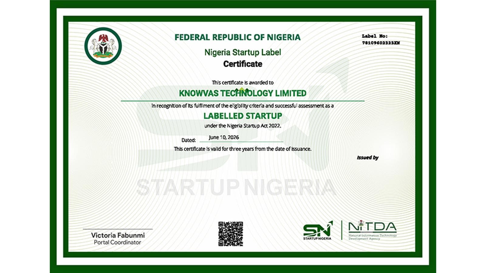 Knowvas Receives Nigeria Startup Label Recognition